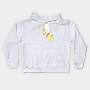 White cat knocking yellow water bottle Kids Hoodie